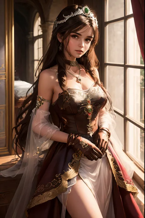 high level of detail, best quality, masterpiece, 1girl, garnet-smf, jewelry, solo, necklace, dress, long hair, tiara, breasts, b...