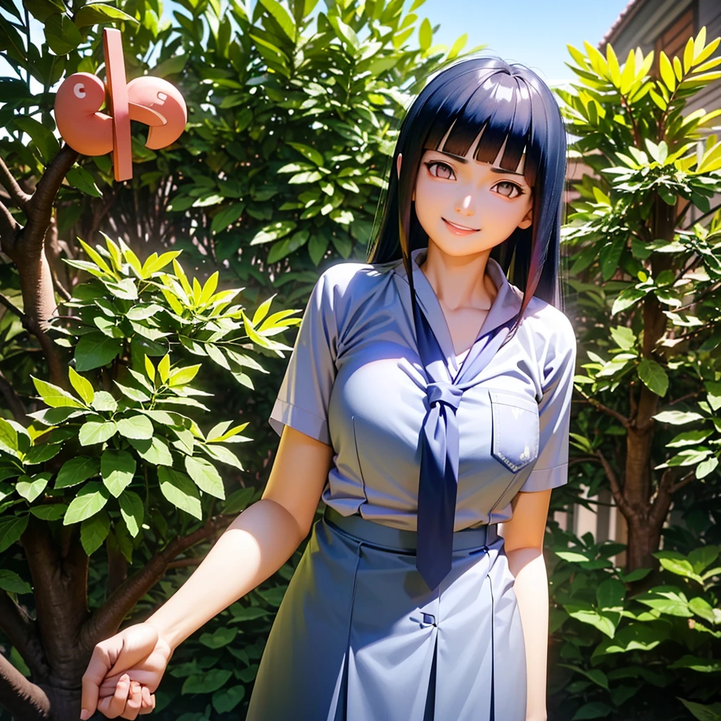 Anime-Färbung, Hinata Hyuga, Meisterwerk, beste Qualität, gute Qualität, (kompliziert detailliert 1.21, 1 Mädchen, Allein, draußen, glückliches Gesicht, lächeln), stumpfer Pony, reine Augen, lange Haare, dunkelblaue Haare, stumpfer Pony, mittlere Brust, Betrachter betrachten, von vorne, (indonesische High-School-Uniform tragen: 21 IndsHighschool-Uniform:11 (blue necktie: 1.2), weißes Hemd, von vorne,