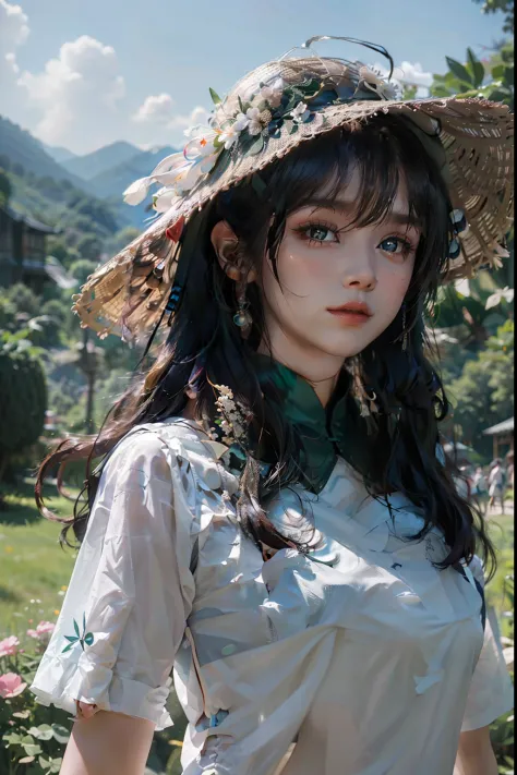 《genshin impact》hu tao, white backgrounid, leisure wear, Casual T-shirt, Cute pose, large grassland, Beautiful girl wearing sun ...