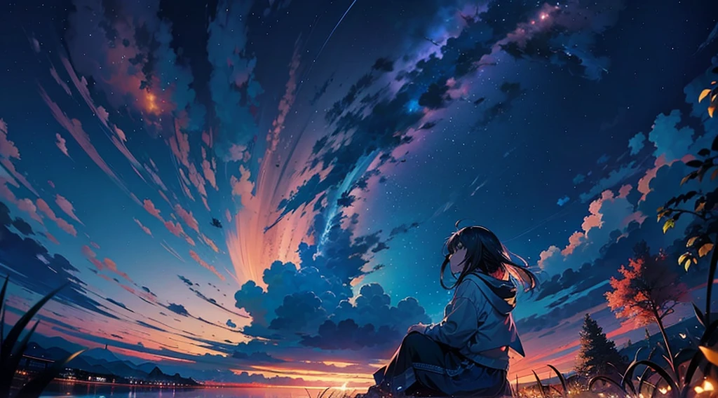 Anime girl sitting on the ground looking at the sky, Anime Sky, beautiful anime scenes, Watching the sun set. Japanese cartoon, sitting on the cosmic cloudscape, Cosmos Sky. author：Shinkai sincerely, anime backgrounds, makoto shinkai cyril rolando, anime wallpaper, Anime beautiful peaceful scene, Beuatiful anime, 4k anime wallpapers, Anime art wallpaper 4k