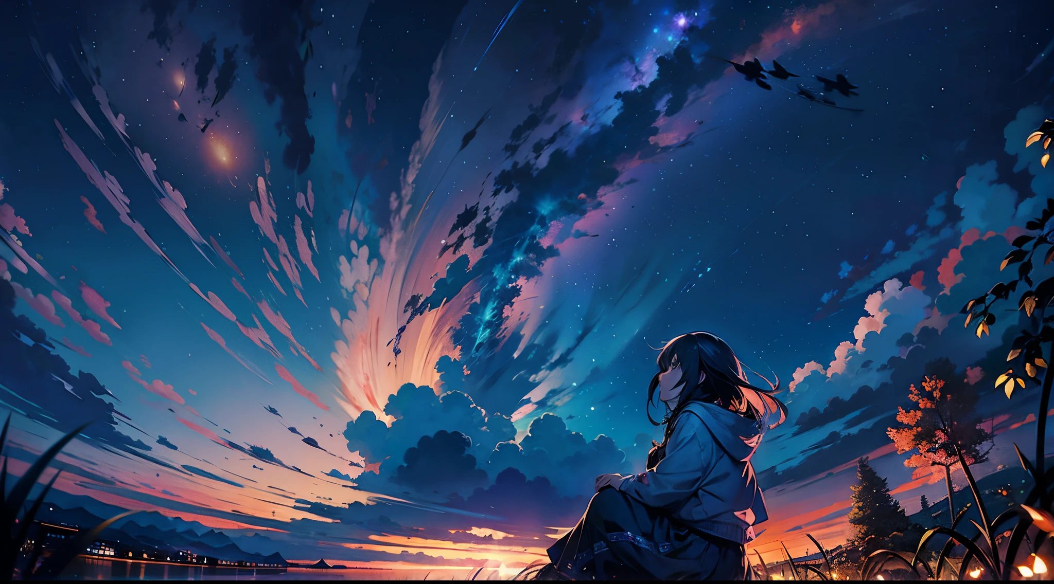 Аниме девушка сидит на земле и смотрит в небо, аниме небо, красивые сцены аниме, наблюдаю за закатом. Японский мультфильм, сидя на космических облаках, Космос Небо. автор：Синкай искренне, аниме фоны, Макото Синкай Сирил Роландо, аниме обои, Аниме красивая мирная сцена, Красивое аниме, 4k аниме обоиs, Аниме Арт Обои 4k