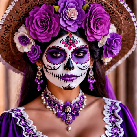 La Catrina (LaCatrina) Close-up face image of beautiful woman, The is very detailed, purple color details, sportrait, extremely detaile, Traditional La Catrina