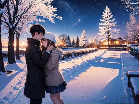 Winter, snowfall, park, night sky, couple, galaxy