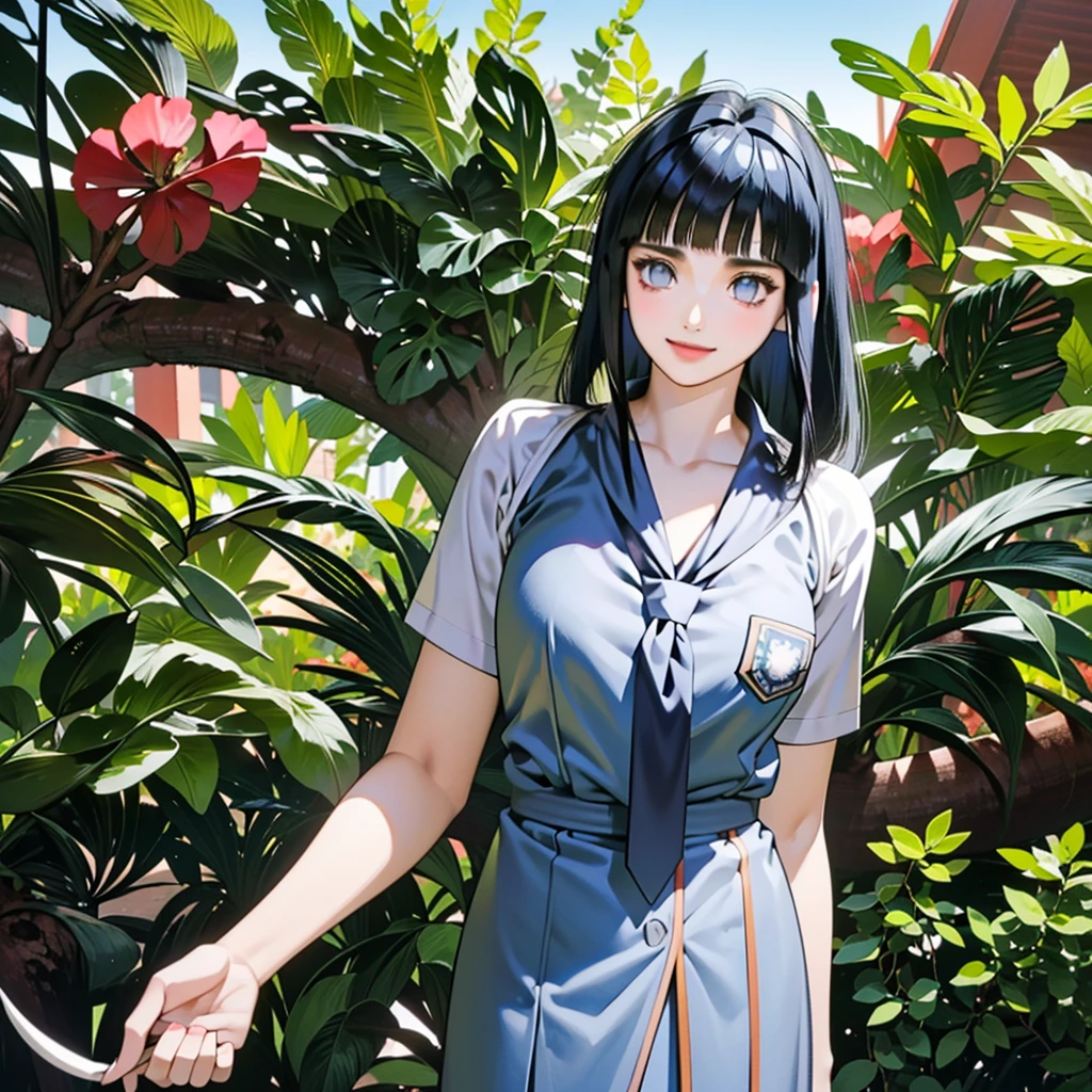 coloriage animé, Hinata Hyuga, chef-d&#39;œuvre, meilleure qualité, haute qualité, (complexe et détaillé 1.21, 1fille, seulement, en plein air, mine réjouie, sourire), frange émoussée, yeux purs, cheveux longs, cheveux bleu foncé, frange émoussée, poitrine moyenne, regarder le spectateur, de face, (porter l&#39;uniforme du lycée indonésien: 21 Uniforme du lycée:11 (cravate bleue: 1.2), chemise blanche, de face,