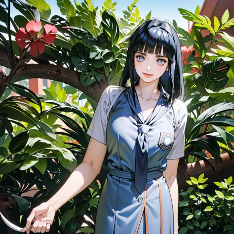 anime coloring, hinata hyuga, masterpiece, best quality, high quality, (intricate detailed 1.21, 1girl, solo, outdoors, happy fa...