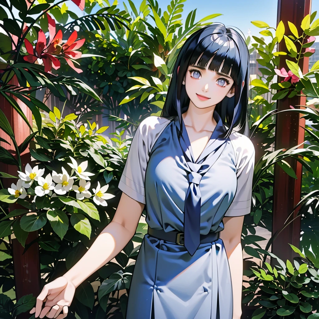 Anime-Färbung, Hinata Hyuga, Meisterwerk, beste Qualität, gute Qualität, (kompliziert detailliert 1.21, 1 Mädchen, Allein, draußen, glückliches Gesicht, lächeln), stumpfer Pony, reine Augen, lange Haare, dunkelblaue Haare, stumpfer Pony, mittlere Brust, Betrachter betrachten, von vorne, (indonesische High-School-Uniform tragen: 21 IndsHighschool-Uniform:11 (blue necktie: 1.2), weißes Hemd, von vorne,