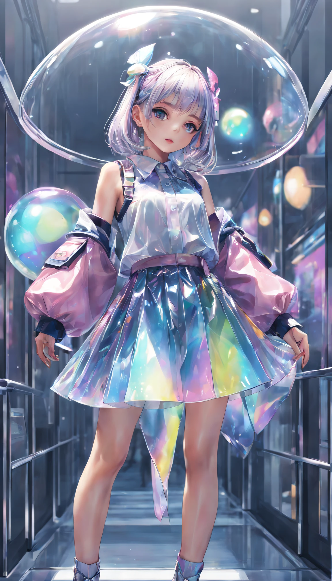 Transparent Colored PVC Clothing, Transparent colored vinyl garment, prismatic, holograph, color difference, Fashion illustration, tmasterpiece, Harajuku fashion girls, looking at viewert, 8K, ultra - detailed, pixiv