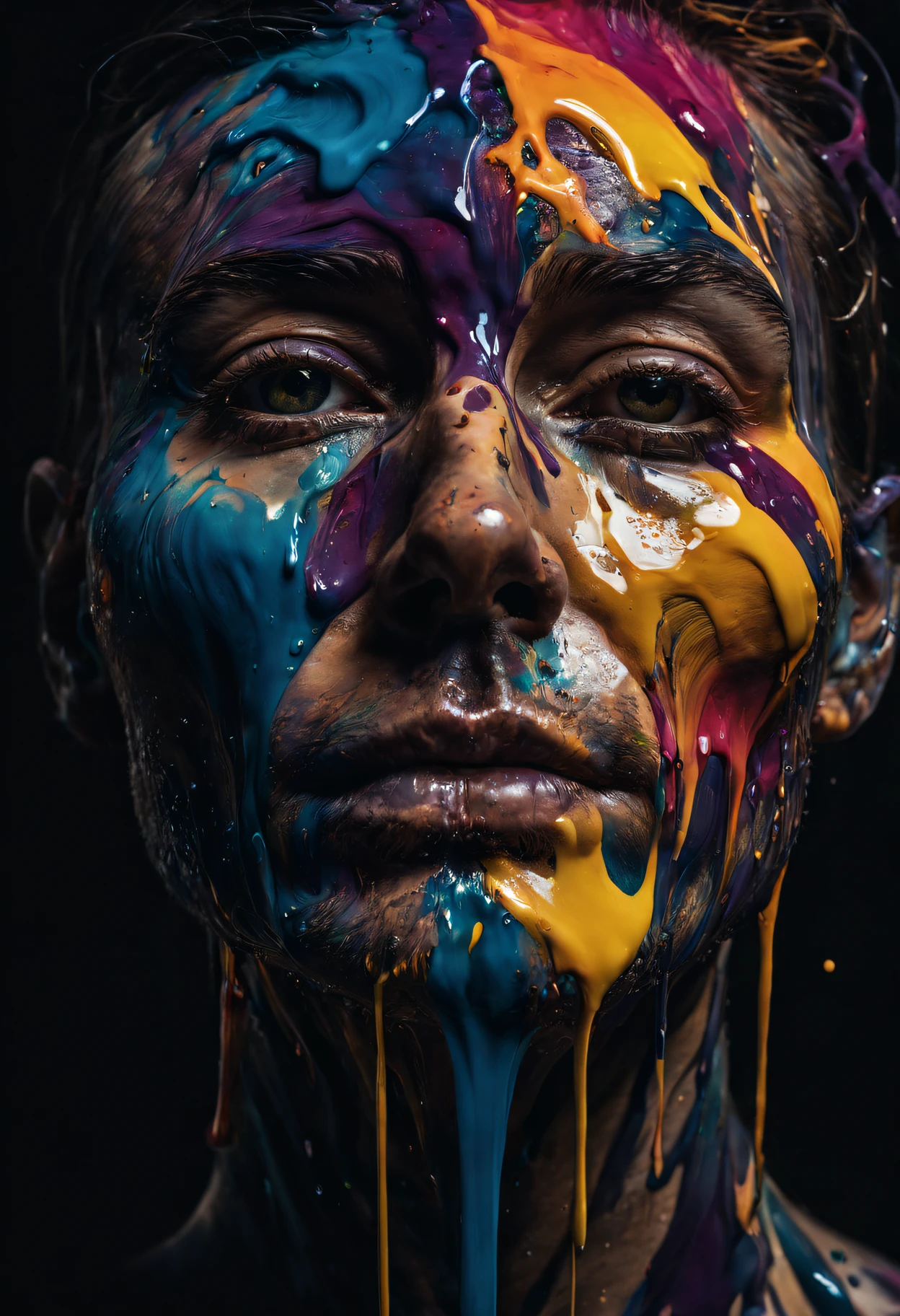 Colorful ink pours onto the canvas, form human face. photore, Studio lighting, Sony A7, 35mm, Hyper-realistic, Large depth of field, concept-art, colours, the ultra-detailed, Hyper-realistic, (Large depth of field), (moody light), (ambient lights), ((Cinematic))