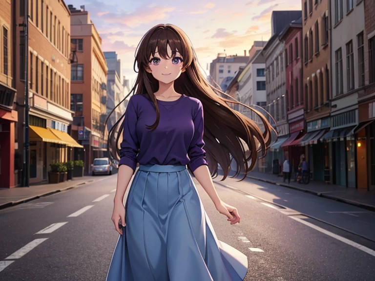 1girl, long brown hair, purple eyes, wearing plain blue shirt, long skirt, smile, city, high res, ultrasharp, 4K, masterpiece, looking at viewer