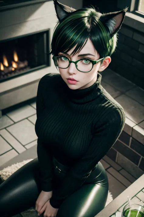 1 goth miqo'te woman, cat ears with green tips, (black and green short wolf cut hair with green highlights), freckles, pale skin...