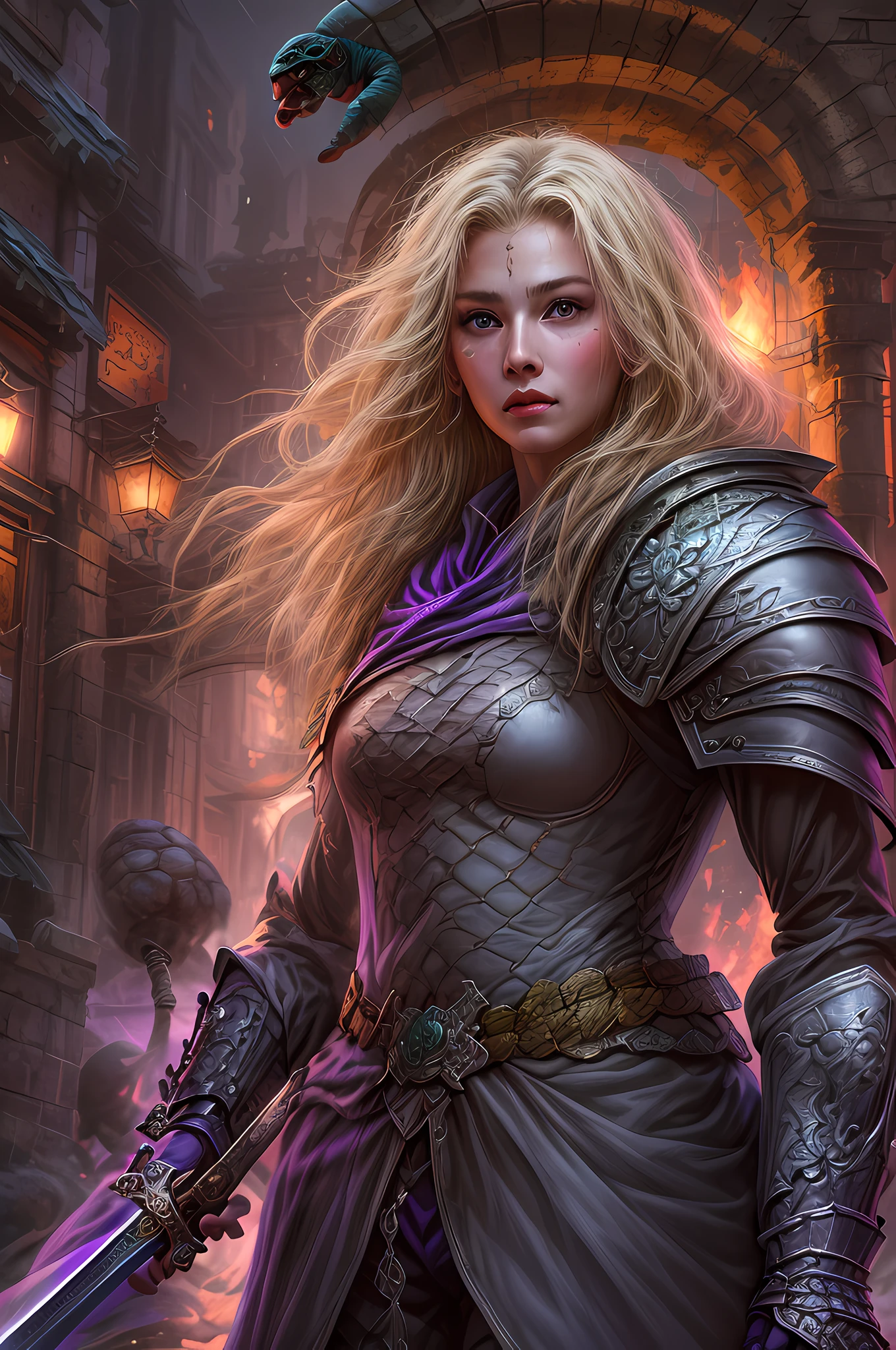 fantasy art, RPG art, high details, best quality, 16k, RAW, [best detailed], masterpiece, best quality, (extremely detailed), (full body: 1.2), ultra wide shot, photorealistic, a (noble woman knight: 1.3) rides her epic (turtle: 1.3)  in the dark streets of a medieval town, the  knight wears (heavy armor :1.3), (white armor: 1.3) , wearing (purple cloak: 1.3), beautiful woman knight, long hair, blond hair, braided hair, noble face, green eyes, armed with a (intricate sword: 1.3), the street is dark, lit by torches, a (fantasy temple: 1.2) in the background, fantasy urban town setting, cloudy night, full red moon,