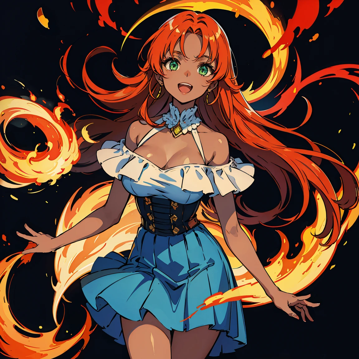 masterpiece), best quality, expressive eyes, perfect face, 1girl, green eyes BREAK absurdly long hair, (Flaming hair, fiery hair), red hair BREAK bare shoulders, jewerly, red earrings BREAK (detailed blue dress) BREAK green pleated skirt BREAK large breasts, brown boots, (dark skin, dark skinned female), tiara, fire, flame background, black background, looking up, smile, open mouth