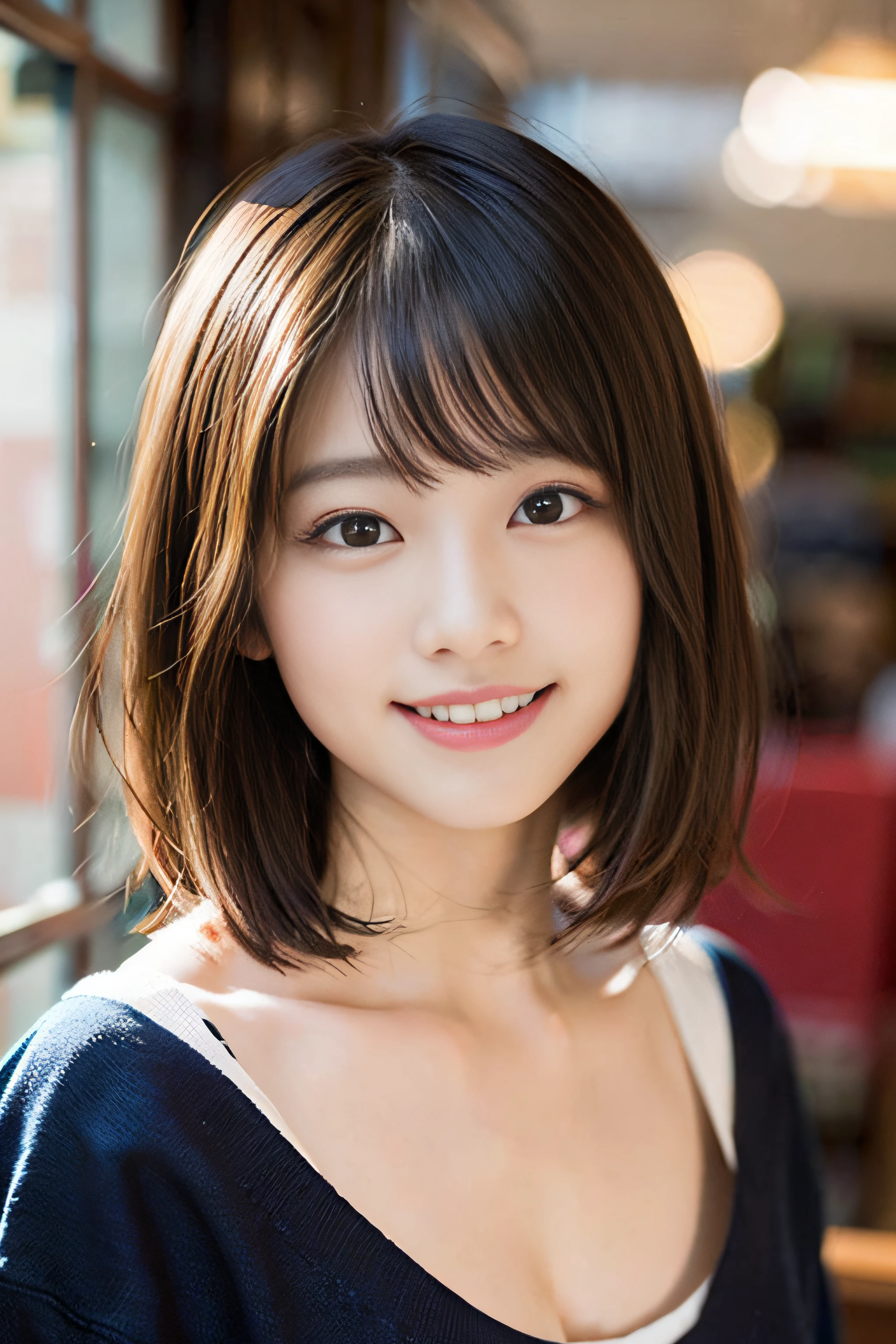 (8K、Raw photography、top-quality、​masterpiece:1.2)、(realisitic、Photorealsitic:1.37)、ultra-detailliert、超A high resolution、女の子1人、see the beholder、beautifull detailed face、A smile、Constriction、(Slim waist) :1.3)、Beautiful detailed skin、Skin Texture、Floating hair、Professional Lighting、Whole human body、a blond、japanese hight school uniform、a sailor suit、matriculation、short-cut、Bob Hair、E-cup、Happy smile、sixteen years old、Red ribbons、a baby face、Childish smile、Suppin、Moisturizing lips、Thin pink lips、atlibrary、Lots of books