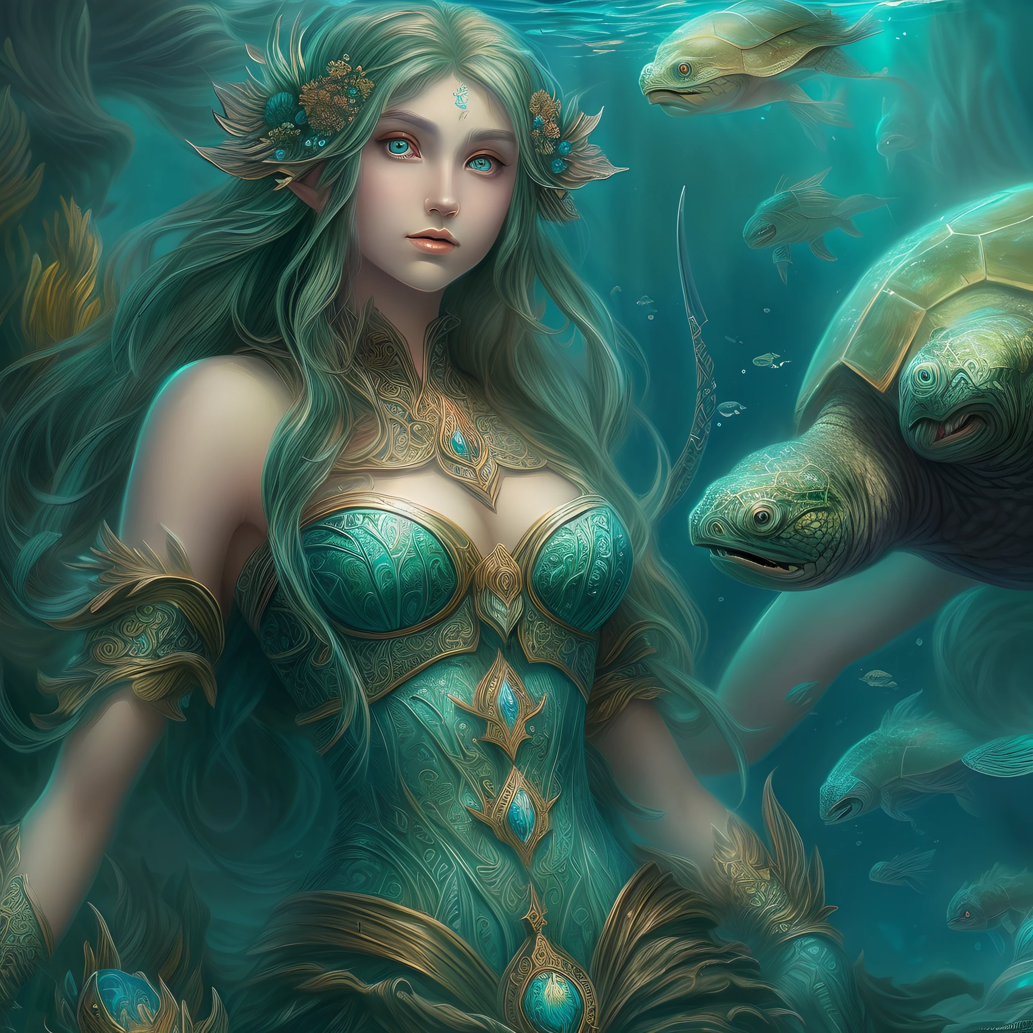 fantasy art [[undersea art 1.6]] (masterpiece:1.5), highly detailed, best quality, highres, [undersea] castle underwater(1.6 best details, fantasy art, Masterpiece, best quality) [[undersea scene]] female, elf  [anatomically  best detailed] (fantasy art, Masterpiece, best quality: 1.4), ultra feminine, druid, cleric of sea, (intricate details, fantasy art, Masterpiece, best quality: 1.4) with a long curvy hair, light green hair, blue eyes, (fantasy art, Masterpiece, best quality), ((beautiful delicate face)), Ultra Detailed Face (1.6 intricate details, fantasy art, Masterpiece, best quality), an undersea setting background, an epic turtle (intricate details, fantasy art, Masterpiece, best quality: 1.5)  fantasy sea, underwater light, [[natural sea life elements]], sun rays,  dynamic atmosphere, soft light, dynamic light, high details, best quality, 8k, [ultra detailed], masterpiece, best quality, (extremely detailed), dynamic angle