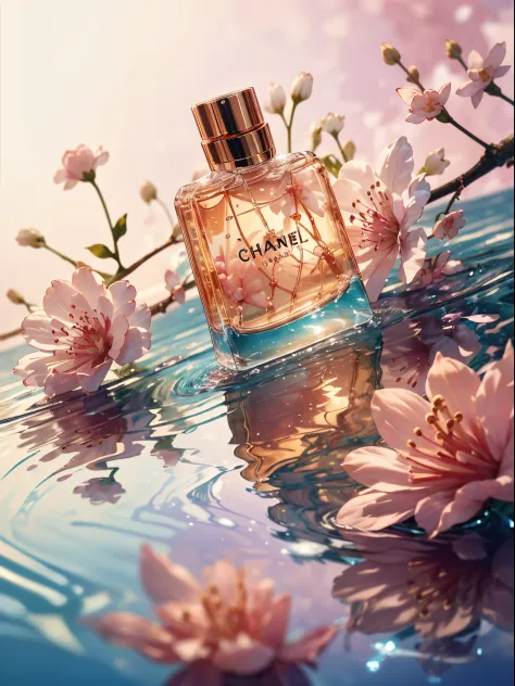 (super realistic scene), makeup bottle, cherry blossom background, water, ((taken low perspective angle: 1.5)), product rendering, HD 8K, ultra-detailed, luxury commercial photography, gucci and chanel cosmetic, ((no people, product only: 1.3))