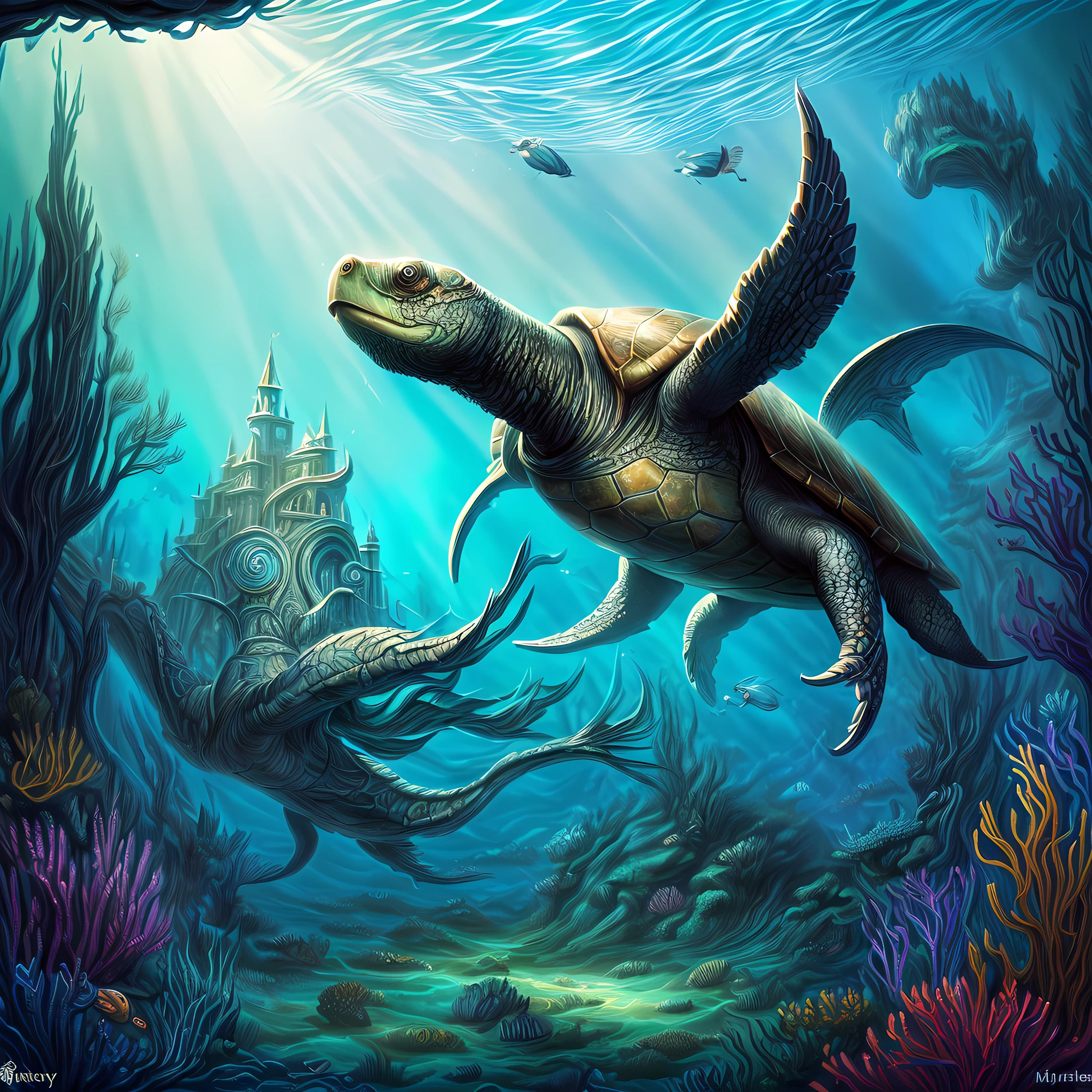 fantasy art [[undersea art 1.6]] (masterpiece:1.5), highly detailed, best quality, highres, [undersea] castle underwater(1.6 best details, fantasy art, Masterpiece, best quality) [[undersea scene]] female, elf  [anatomically  best detailed] (fantasy art, Masterpiece, best quality: 1.4), ultra feminine, druid, cleric of sea, (intricate details, fantasy art, Masterpiece, best quality: 1.4) with a long curvy hair, light green hair, blue eyes, (fantasy art, Masterpiece, best quality), ((beautiful delicate face)), Ultra Detailed Face (1.6 intricate details, fantasy art, Masterpiece, best quality), an undersea setting background, an epic turtle (intricate details, fantasy art, Masterpiece, best quality: 1.5)  fantasy sea, underwater light, [[natural sea life elements]], sun rays,  dynamic atmosphere, soft light, dynamic light, high details, best quality, 8k, [ultra detailed], masterpiece, best quality, (extremely detailed), dynamic angle underwaterstyle