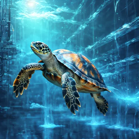 Digital turtle swims in the information space and digital information flows, digital atmosphere, hi-tech, Fantastic, digitalpain...
