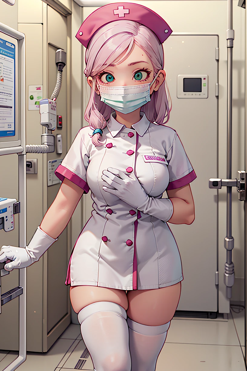 1girl, solo, nurse, nurse cap, white wear, ((white legwear, zettai ryouiki)), white gloves, pink hair, green eyes, drooping eyes, ((white surgical mask, covered nose)), standing, ((hospital room)), sharp outline, short sleeves, best quality, masterpiece