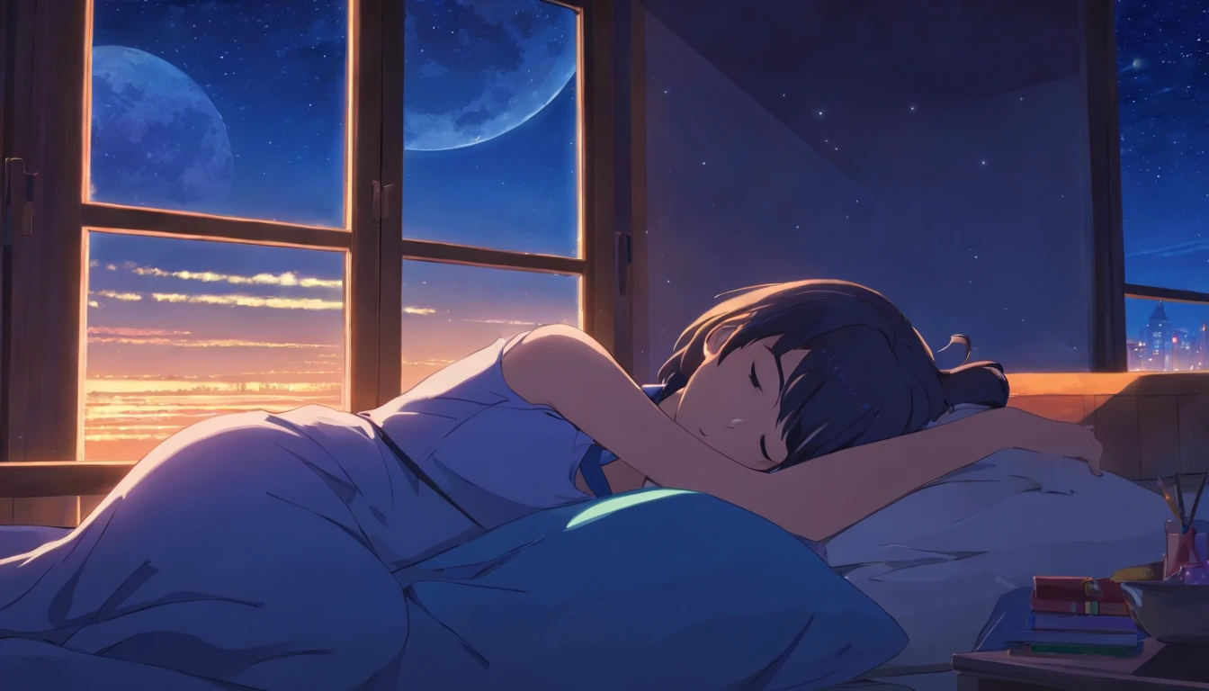 Anime scene of a couple laying in bed with the moon in the background -  SeaArt AI