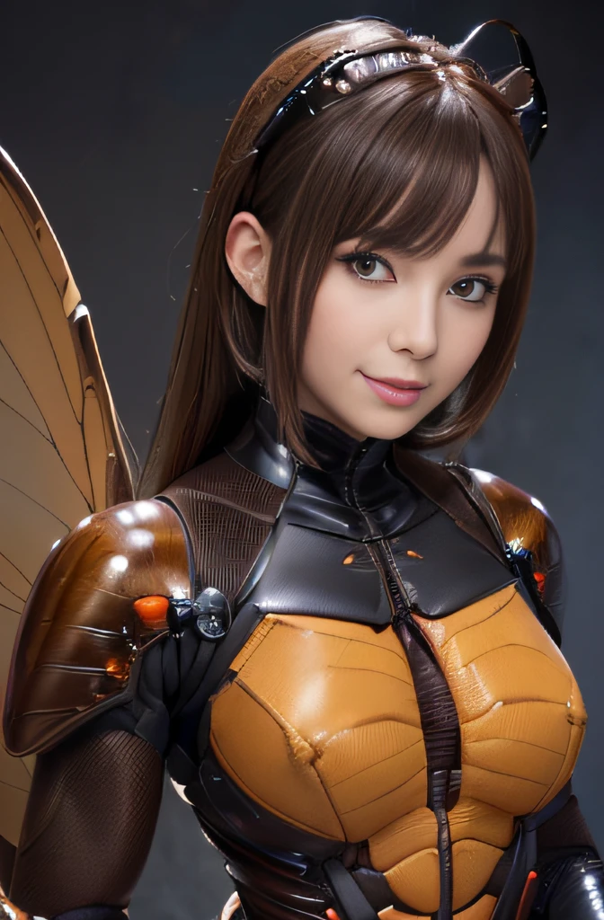 (high resolution,masterpiece,best quality,extremely detailed CG, anime, official art:1.4), realistic, photo, amazing fine details, all intricate, gloss and shiny,awesome many layers, 8k wall paper, 3d, sketch, kawaii, illustration,( solo:1.4), perfect female proportion,villainess, (fusion of dark brown cockroach and lady:1.4), (brown cockroach form lady:1.2), (brown cockroach lady:1.2), (fusion:1.2), (solo:1.4), (evil smile:1.2), muscular, abs, (cockroach brown exoskeleton bio insect suit:1.4), (cockroach brown exoskeleton bio insect armor:1.2), (brown transparency cockroach wing:1.4), (brown cockroach antennae:1.3),