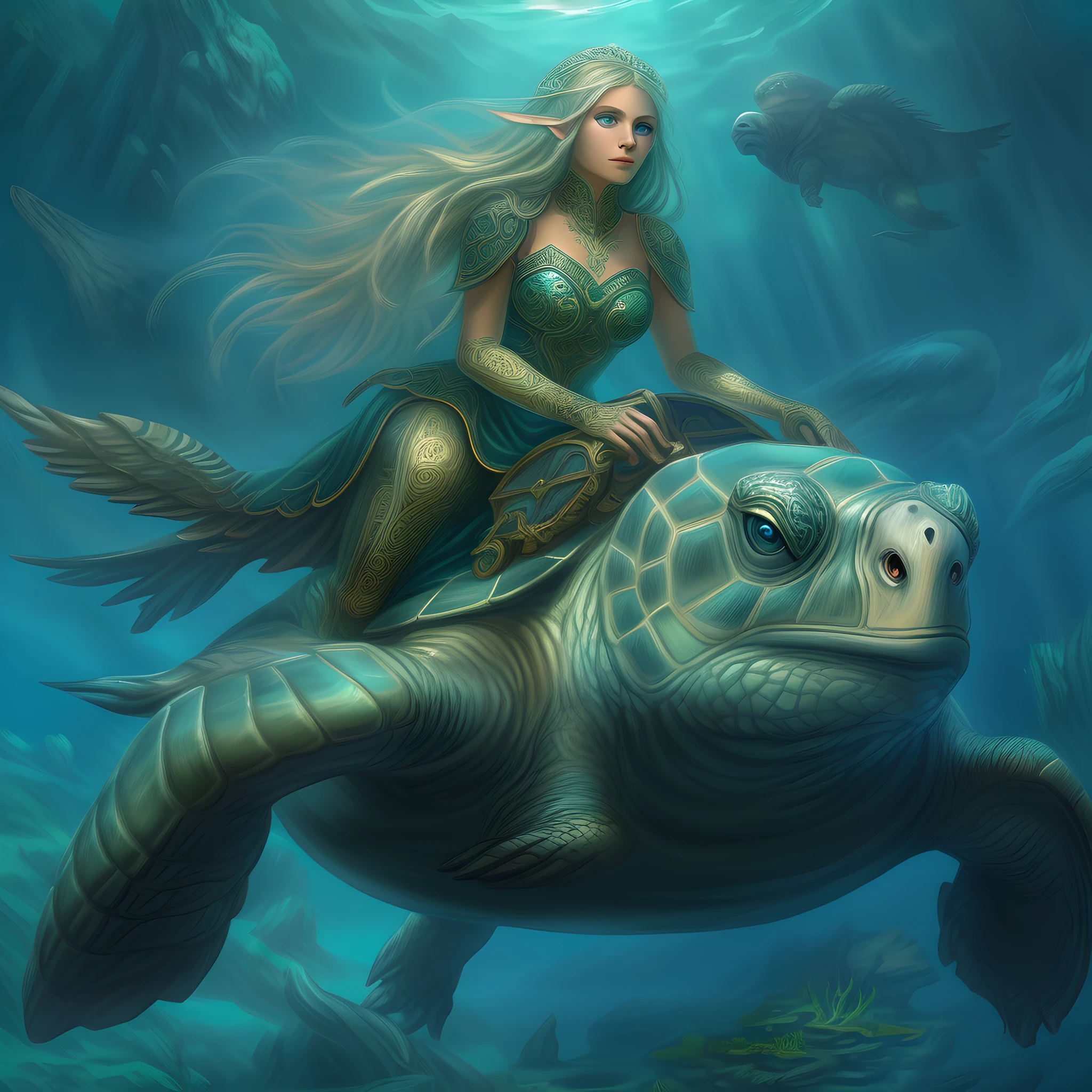 фэнтези-арт, РПГ арт, фотография водного эльфа-рейнджера верхом на морской  черепахе под водой, Изысканная красивая эльфийка, ультра женственная -  SeaArt AI