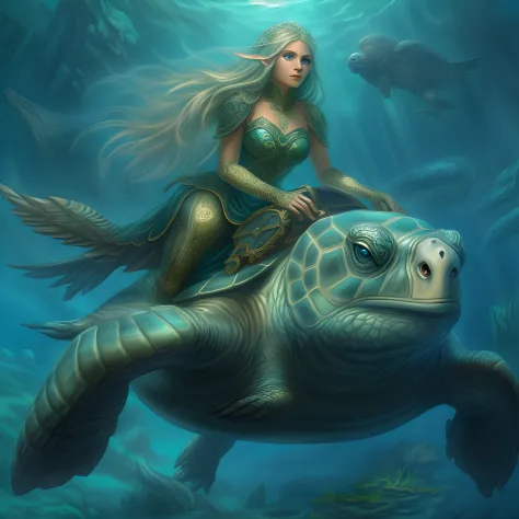 fantasy art, RPG art, a picture of a water elf ranger riding her sea turtle mount under the sea, an exquisite beautiful female e...