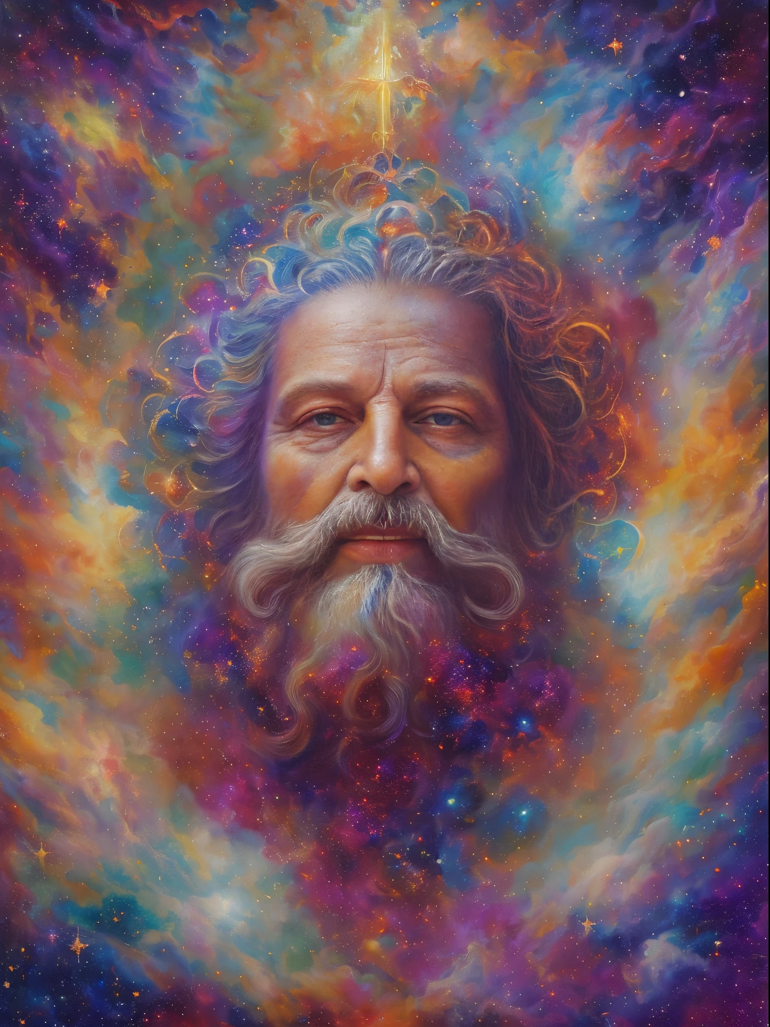 (Best quality,4K,8K,A high resolution,tmasterpiece:1.2),ultra - detailed,Cosmic Entity Portrait,cosmic god statue,Fantasy painting,Oooooh, oh oh oh, Oh, God&#39;s face,an abstract spiritual background,centered portrait,old man with beard in ancient times,Deep Dream Universe,Strange portrait with the Milky Way,image of god in sky,his thoughts on eternity,metaphysical painting