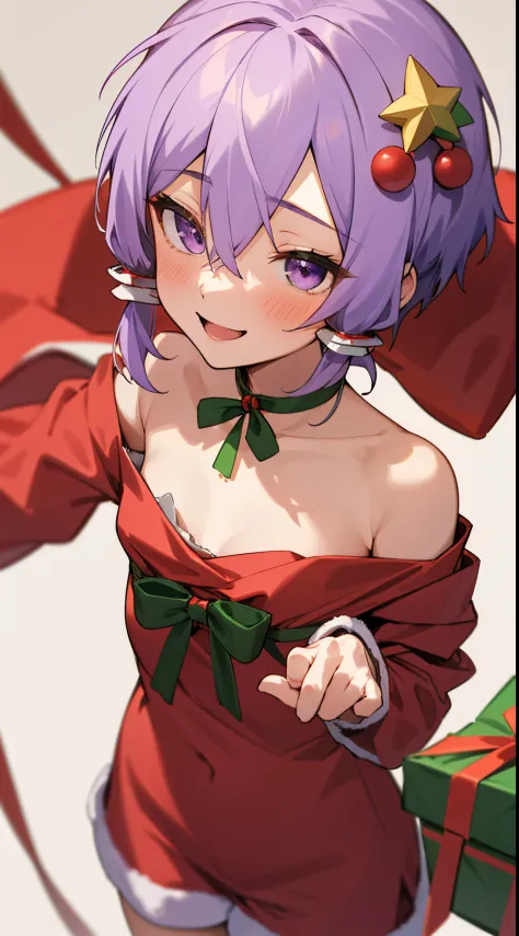 1girl in、独奏、Yuzuki Yukari、18year old、small tits、Lilac hair、short-hair、(hair between eye)、A smile、Laugh、Christmas、Dressed in Santa Claus costume、Colors based on red and green