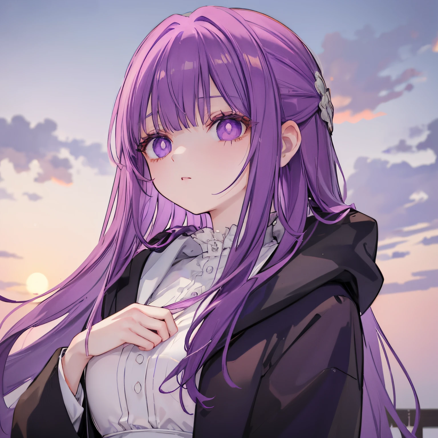 Anime girl aux cheveux violets et aux yeux violets debout devant un coucher  de soleil - SeaArt AI