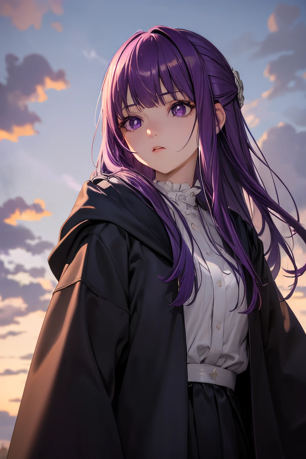 ((tmasterpiece，Best Quality)), Funeral Freelen, distant, 1girll, purple color  hair, 独奏, Ultra-detailed eyes, Longhaire, side locks, a purple eye, hair adornments, Hood down, white  shirt,jaket, Open your clothes, Centerpiece,with blue sky and white clouds