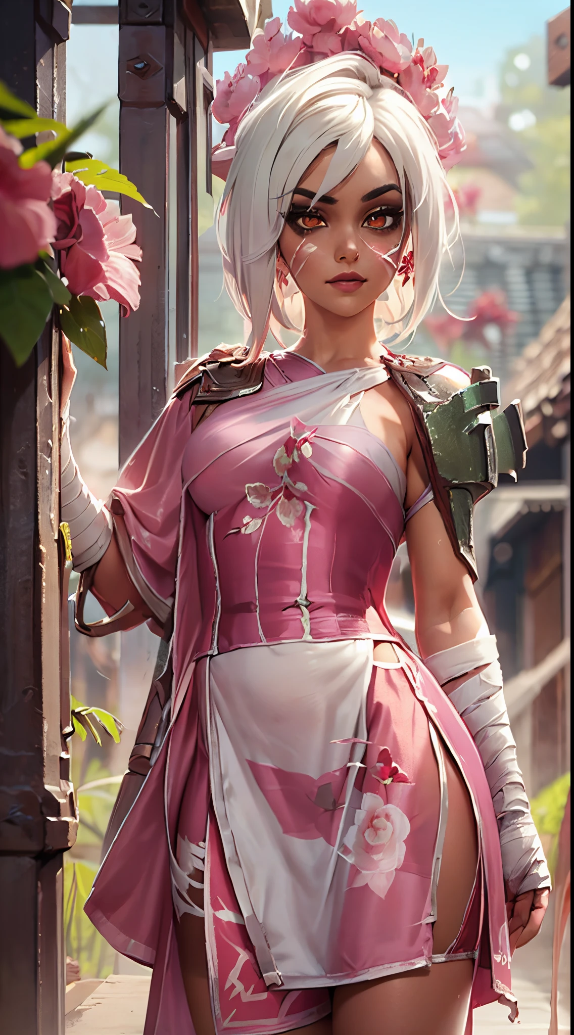 Riven,League of legends,full body, close shot,(focus on body and face:1.2),anime , clearscenery,beautiful detailed eyes,beautiful detailed lips,long eyelashes,open eyes, smile, looking at viewer,standing ,(pink with red flowers detail Aodai:1.2),white hair,(fantasy Vietnamese background:0.8),flying petals,warrior body