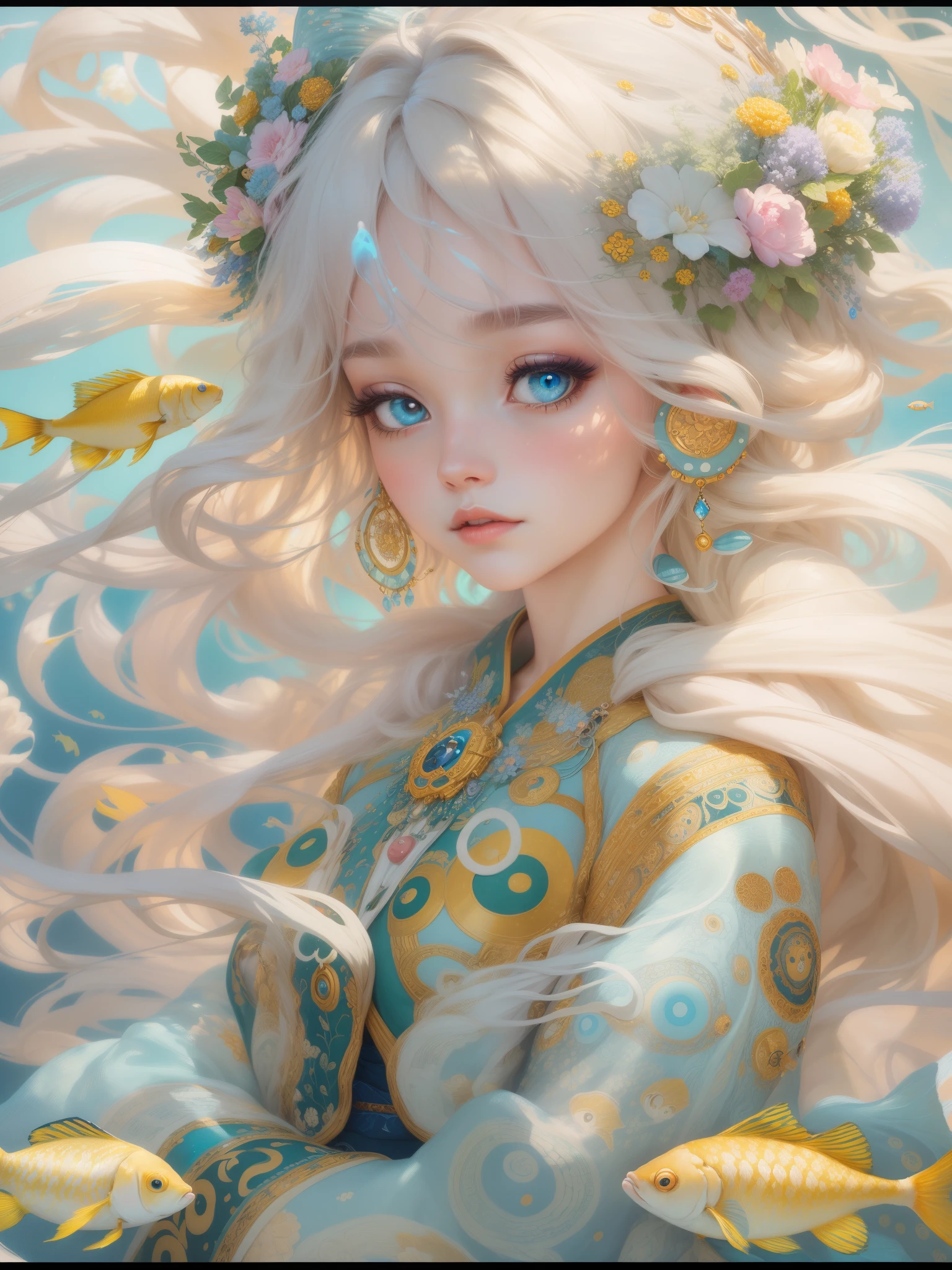 (The most realistic, 4K, A high resolution, tmasterpiece:1.2), Paintwork, Fantasyart:1.37, Sky with fluffy clouds:1.37, (sad cloud goddess:1.37, eyes with brightness, light colors hair, Elaborate makeup, Glowing skin, transparent costume, surrounded by a school of fish:1.37), The light from the back window is backlighted, Artwork in the style of Gustav Klimt, Whimsical art style, In Baiyun Paradise, beautiful fantasy art portrait