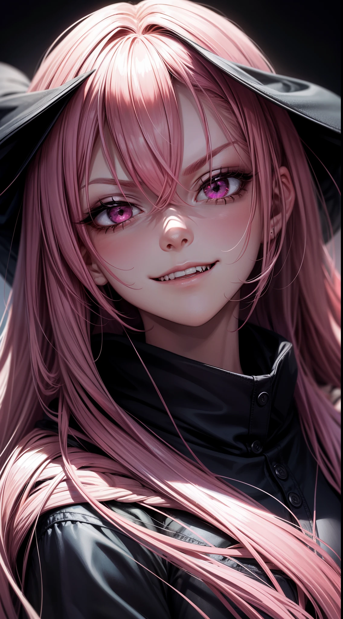 1girl, pink hair, long hair,  hd quality, 4k, 8k,,eyes, face, , evil, dark, face closeup, face, evil smirk, fangs, black background, face close up. dominant, dark, sideways, sideview, hooded