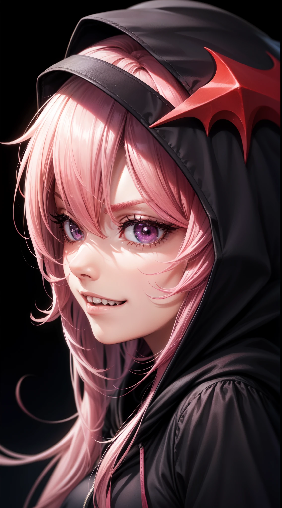 1girl, pink hair, long hair,  hd quality, 4k, 8k,,eyes, face, , evil, dark, face closeup, face, evil smirk, fangs, black background, face close up. dominant, dark, sideways, sideview, hooded