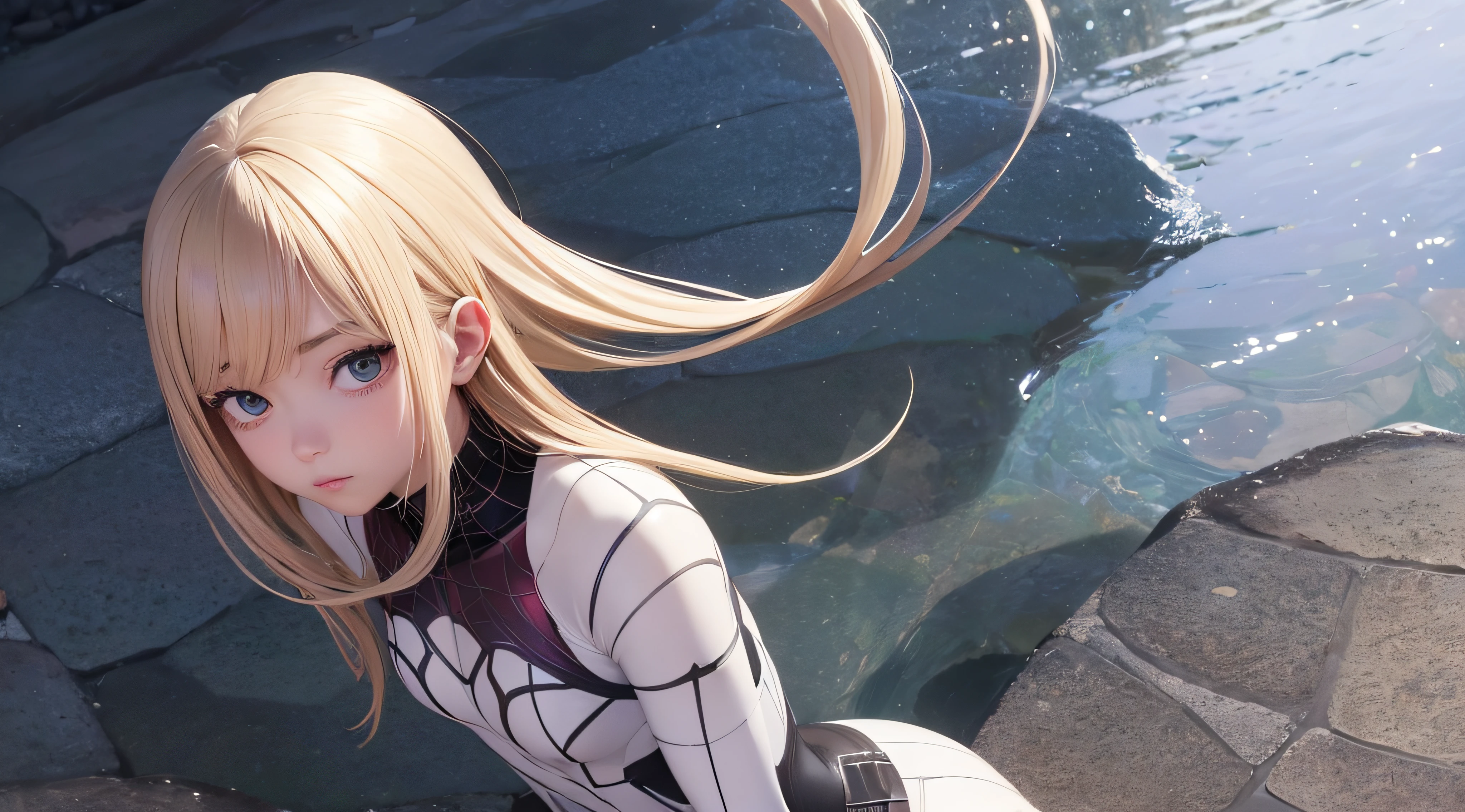 Anime girl with long blonde hair sitting on a ledge near a body of water -  SeaArt AI