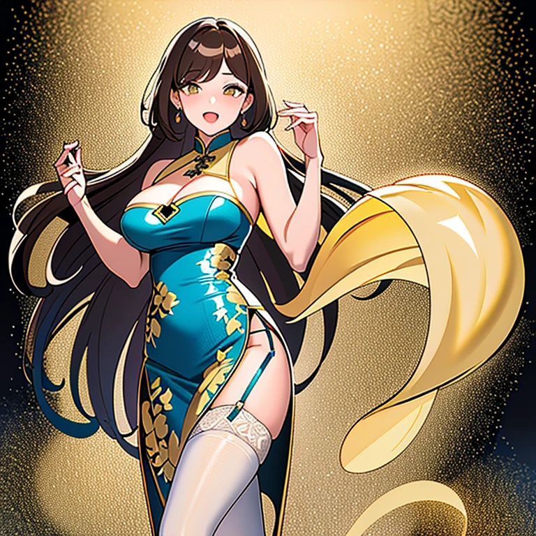 top-quality　8K 1 person　30 generations of beauty　Brown hair　Medium bob　Delighted　charming laughter　Glamour　(Breasts like melons Ass like melons)　(White garter belt stockings)　(Blue　qipao dress　Gold embroidery　Deep slit　Sleeveless)　cleavage of the breast　is standing　Raise the right leg　View from the front