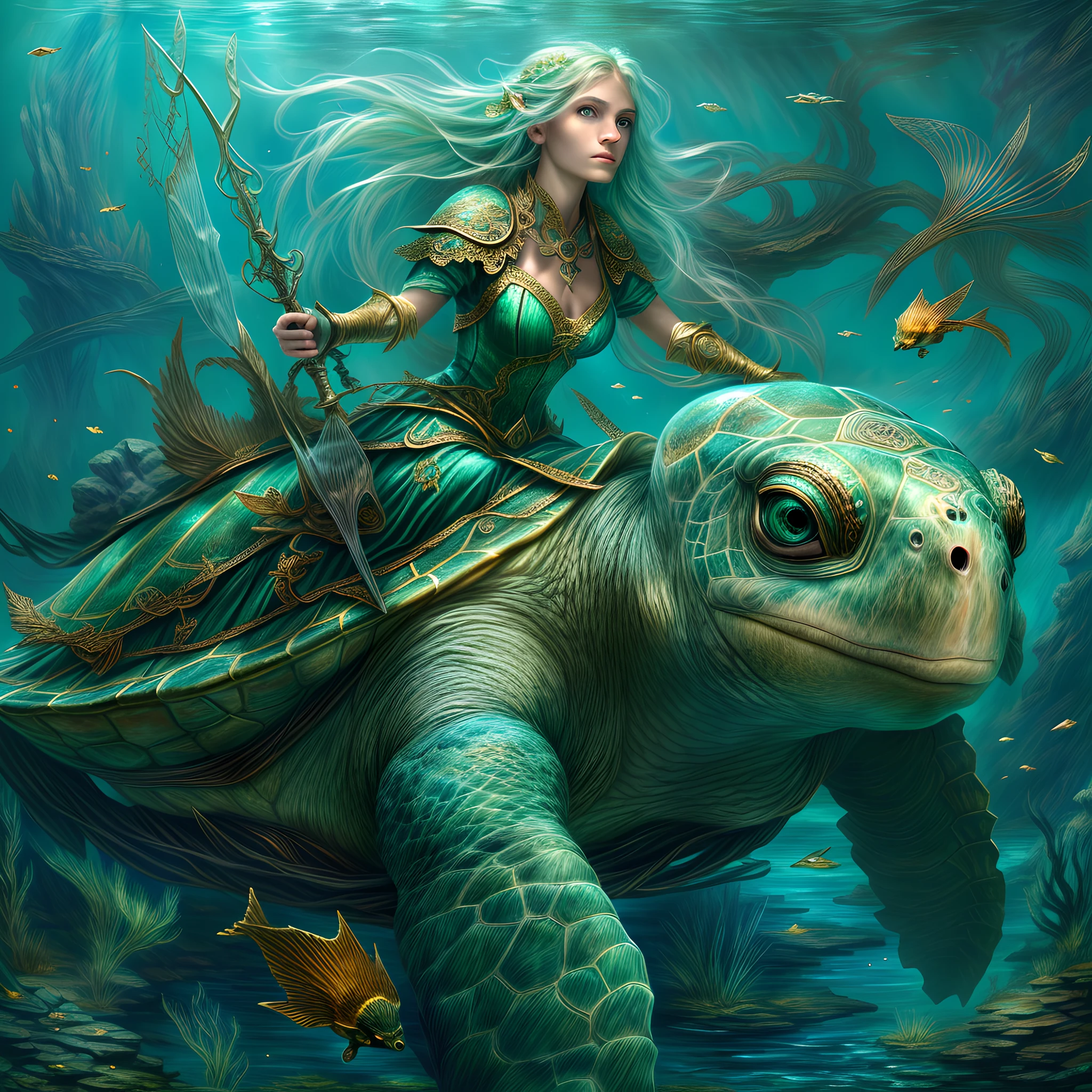 Arte De Fantasía, arte de rol, una imagen de un elfo marino guardabosques montando su tortuga marina bajo el mar, una elfa exquisita y hermosa ultra femenina, druid, clérigo del mar, (detalles intrincados, Arte De Fantasía, obra maestra, mejor calidad: 1.4) con un pelo largo y curvilíneo, pelo verde claro, blue eyes, (Arte De Fantasía, obra maestra, mejor calidad), ((hermoso rostro delicado)), cara ultra detallada (detalles intrincados, Arte De Fantasía, obra maestra, mejor calidad: 1.4) ella monta una tortuga de tamaño épico (detalles intrincados, Arte De Fantasía, obra maestra, mejor calidad: 1.4) fondo submarino, mar de fantasia, luz submarina, [[elementos naturales de la vida marina]], rayos de sol, Atmósfera dinámica, luz tenue, luz dinámica, detalles altos, mejor calidad, 16k, [ultra detallado], obra maestra, mejor calidad, (extremadamente detallado), Ultra gran angular)