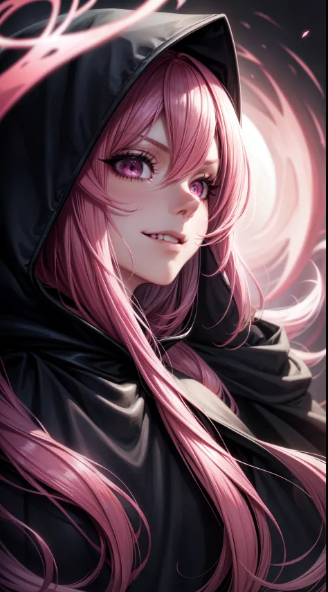 1girl, pink hair, long hair,  hd quality, 4k, 8k,,eyes, face, , evil, dark, face closeup, face, evil smirk, fangs, black backgro...