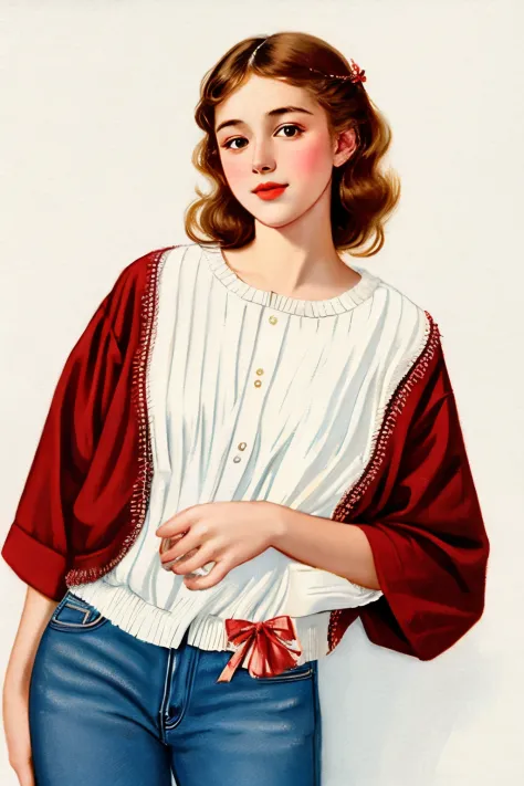 White background, illustration, vintage, young girl