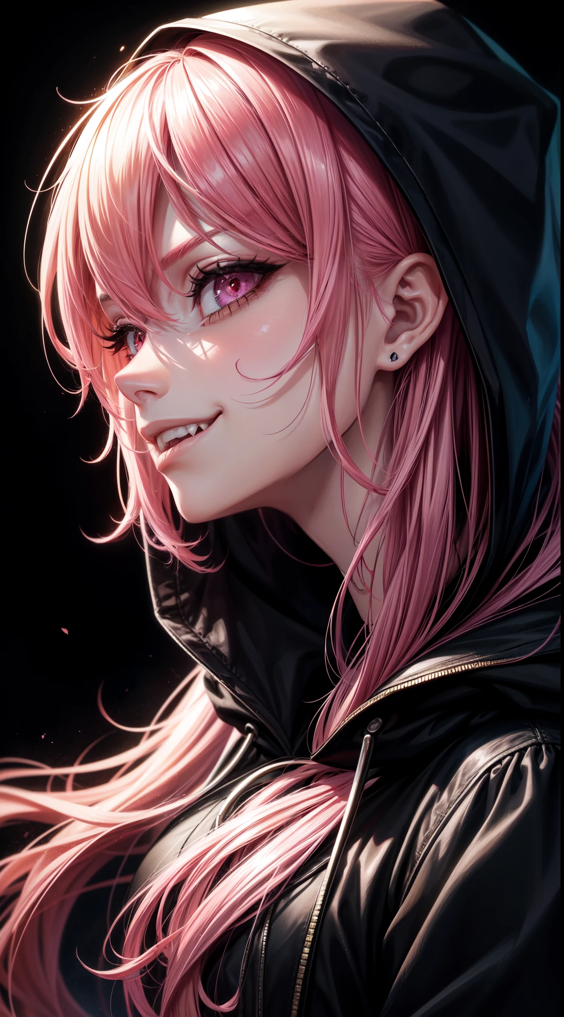 1girl, pink hair, long hair,  hd quality, 4k, 8k,,eyes, face, , evil, dark, face closeup, face, evil smirk, fangs, black background, face close up. dominant, dark, sideways, sideview, hooded, villain