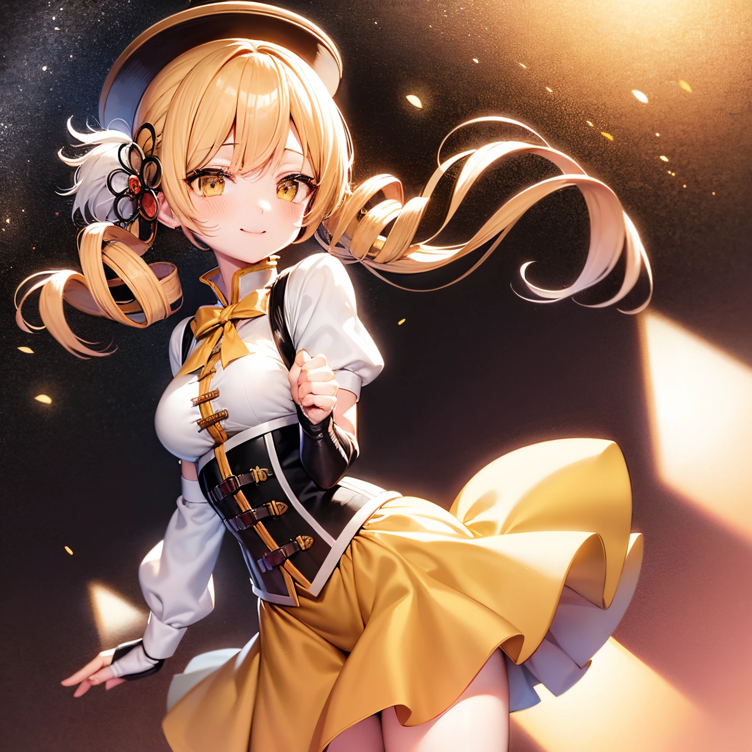 masutepiece, Best Quality, 1girl in, (Mami Tomoe), Blonde hair, Drill Hair, twin drills, (Yellow eyes:1.2), Brown gloves, corsets, Detached sleeves, Fingerless gloves, Smile, hat, magical , Puffy sleeves, striped thigh, Yellow skirt, coverd nippple, breasts, npclearly, clearly , Hidden Private, Partially visible crotch, skyporn, evening, Sunset, Chibi Chara, Chibi, Deformed Character