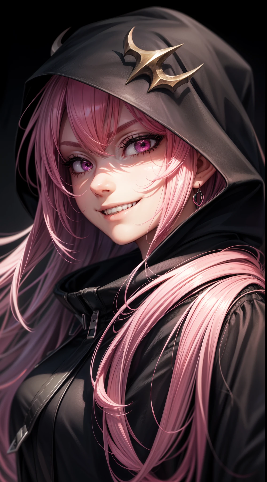 1girl, pink hair, long hair,  hd quality, 4k, 8k,,eyes, face, , evil, dark, face closeup, face, evil smirk, fangs, black background, face close up. dominant, dark, sideways, sideview, hooded, villain, hair clip, smile