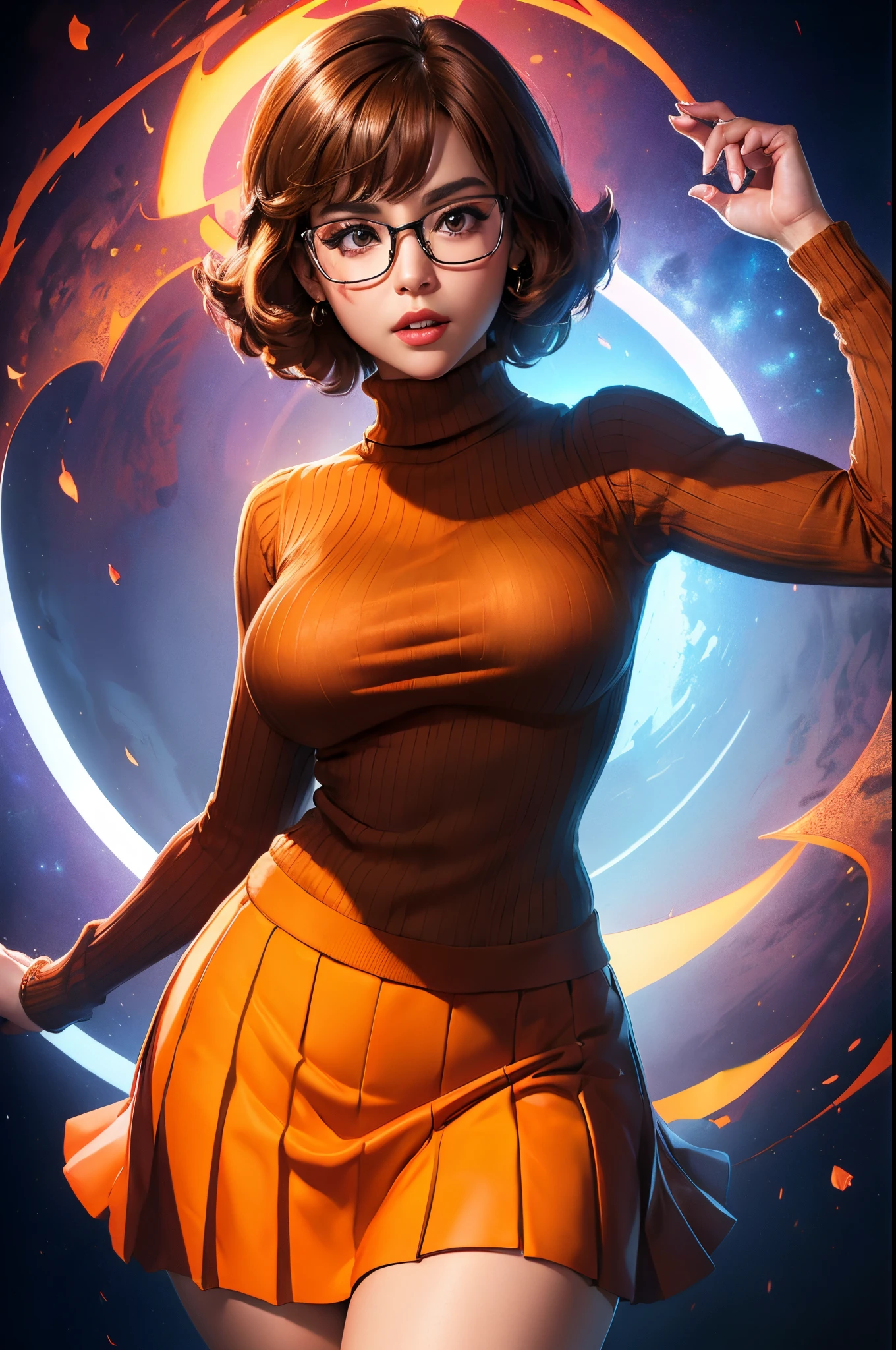 (masterpiece:1.2), (best quality), (ultra detailed), (8k, 4k, intricate),(full-body-shot:1), (highly detailed:1.2),(detailed face:1.2), (detailed background),detailed landscape, ((portrait)), (dynamic pose:1.2)  velma, 1girl, solo, breasts, looking at viewer, short hair, skirt, large breasts:1,9, brown hair, brown eyes, pantyhose, pleated skirt, glasses, orange strapless bra, turtleneck sweater, orange shirt, orange sweater,upper body