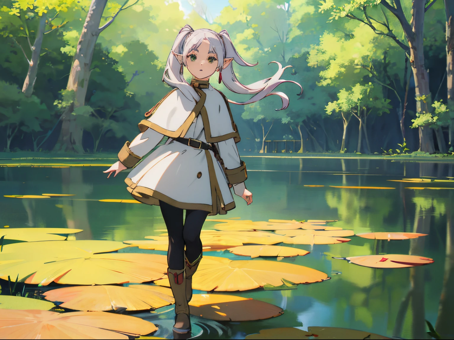 fl, Twintails, 1fille, oreilles pointues, visage rond,cheveux blancs, yeux verts, elfe, collants, cheveux longs, des boucles d&#39;oreilles, black collants, capelet blanc, manches longues, robe,animé girl wearing skirt and boots standing in pond, Shi Tao&#39;Portraits, Gagnant du concours Pixiv, art conceptuel, animé girl walking on water, Illustrations des personnages officiels, animé , animé stylisé, animé visuals of a cute girl, Produced by animé Painter Studio,CG,4k,extrêmement détaillé