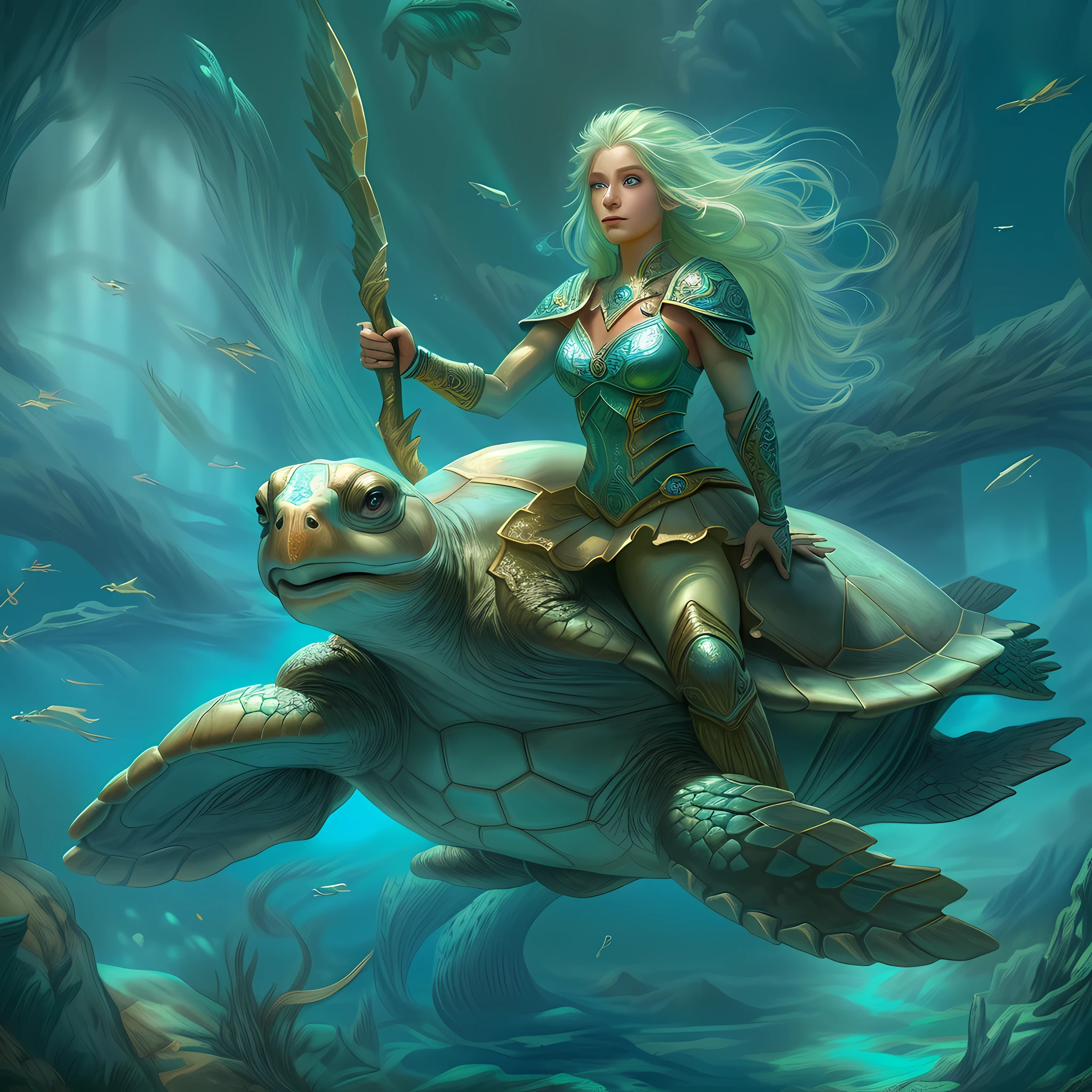 Arte De Fantasía, arte de rol, una imagen de un elfo marino guardabosques montando su tortuga marina bajo el mar, una elfa exquisita y hermosa ultra femenina, druid, clérigo del mar, (mejores detalles, Arte De Fantasía, obra maestra, mejor calidad: 1.4) con un pelo largo y curvilíneo, pelo verde claro, blue eyes, (Arte De Fantasía, obra maestra, mejor calidad: 1.3), ((hermoso rostro delicado)), cara ultra detallada (detalles intrincados, Arte De Fantasía, obra maestra, mejor calidad: 1.4) (anatómicamente correcto: 1.5), usando armadura ligera, armado con una lanza, usando botas, ella monta una tortuga de tamaño épico (detalles intrincados, Arte De Fantasía, obra maestra, mejor calidad: 1.4) fondo submarino, mar de fantasia, luz submarina, [[elementos naturales de la vida marina]], rayos de sol, Atmósfera dinámica, luz tenue, luz dinámica, detalles altos, mejor calidad, 16k, [ultra detallado], obra maestra, mejor calidad, (extremadamente detallado), Ultra gran angular)