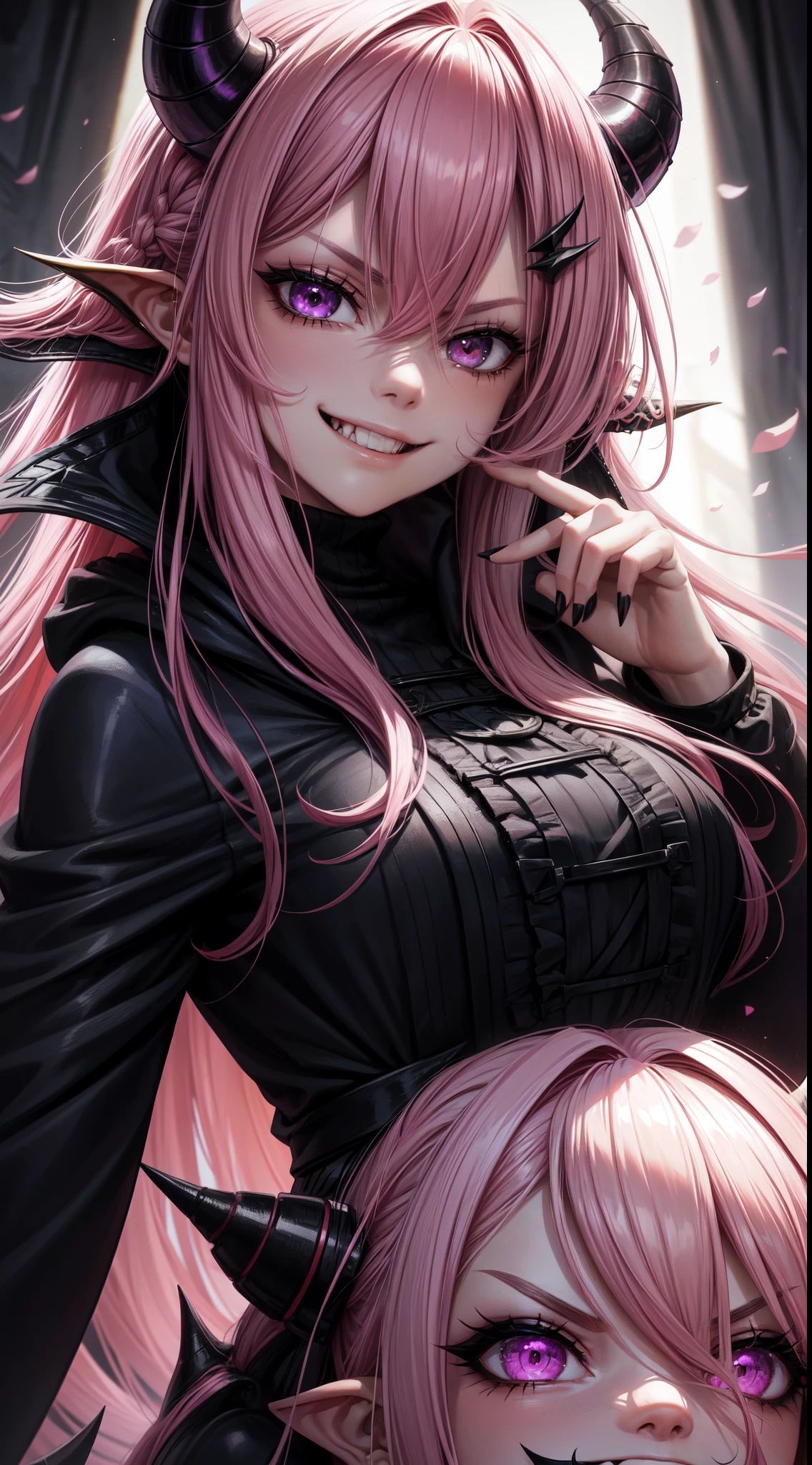 1girl, pink hair, long hair,  hd quality, 4k, 8k,,eyes, face, , evil, dark, face closeup, face, evil smirk, fangs, black background, face close up. dominant, dark, sideways, sideview, hooded, villain, hair clip, smile, oni horns