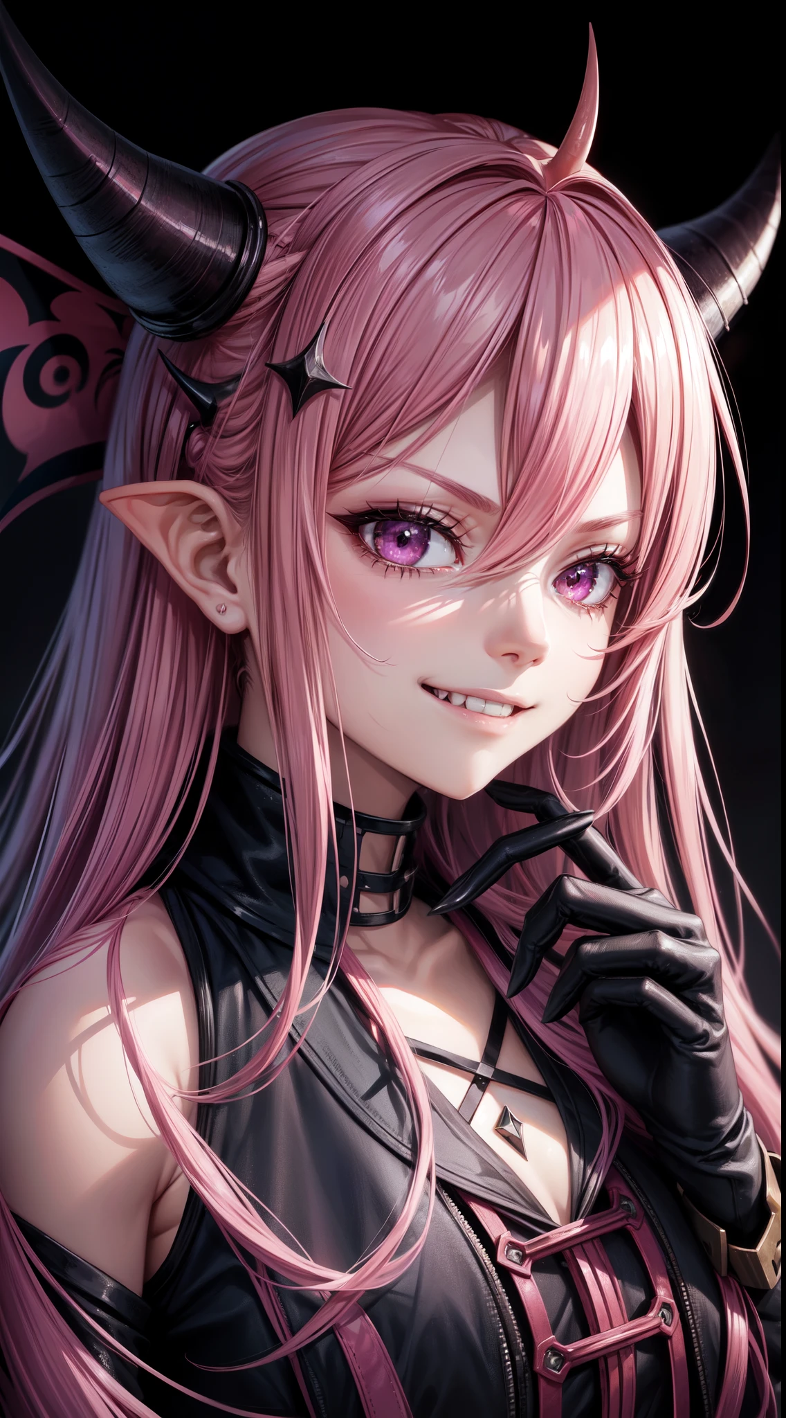 1girl, pink hair, long hair,  hd quality, 4k, 8k,,eyes, face, , evil, dark, face closeup, face, evil smirk, fangs, black background, face close up. dominant, dark, sideways, sideview, hooded, villain, hair clip, smile, oni horns