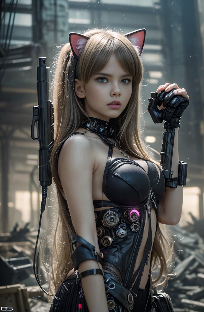 two 13 year old girls with and heavy weapons , make background ruins, ((apocalyptic scene)), cyberpunk helmets next to them, ((wearing Cat ears)), ((hand guns on side)), ((ripped clothes)), ((one carrying a cyberpunk gun)), cyberpunk theme, wearing a crop top ((underboob)), petite girls, short girls, 、steampunk suit、((hyper realistic detail))、in 8K、ultrasharp、huge tit、Raw skin is exposed in cleavage、metals、cog、Hydraulic cylinder、Details of complex ornaments、Gothloli details、extremely intricate detail、Realistic light、CGSoation Trends、purple-eyed、radiant eyes、Facing the camera