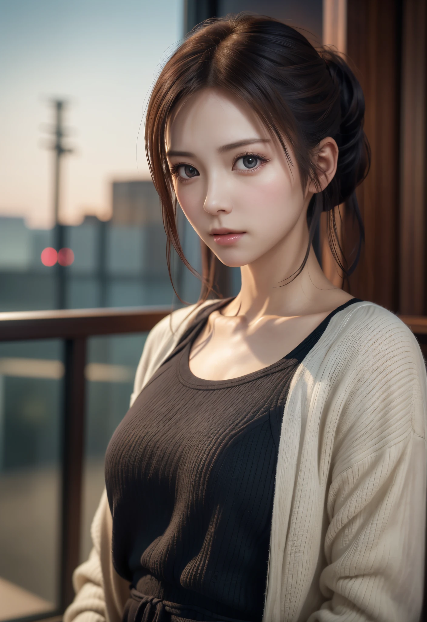 8K, of the highest quality, masutepiece:1.2), (Realistic, Photorealsitic:1.37), of the highest quality, masutepiece, Beautiful young woman, Embarrassed look, Hair tied back, Kamimei、Messy mood, Cinematic background, Tired, Light skin tone