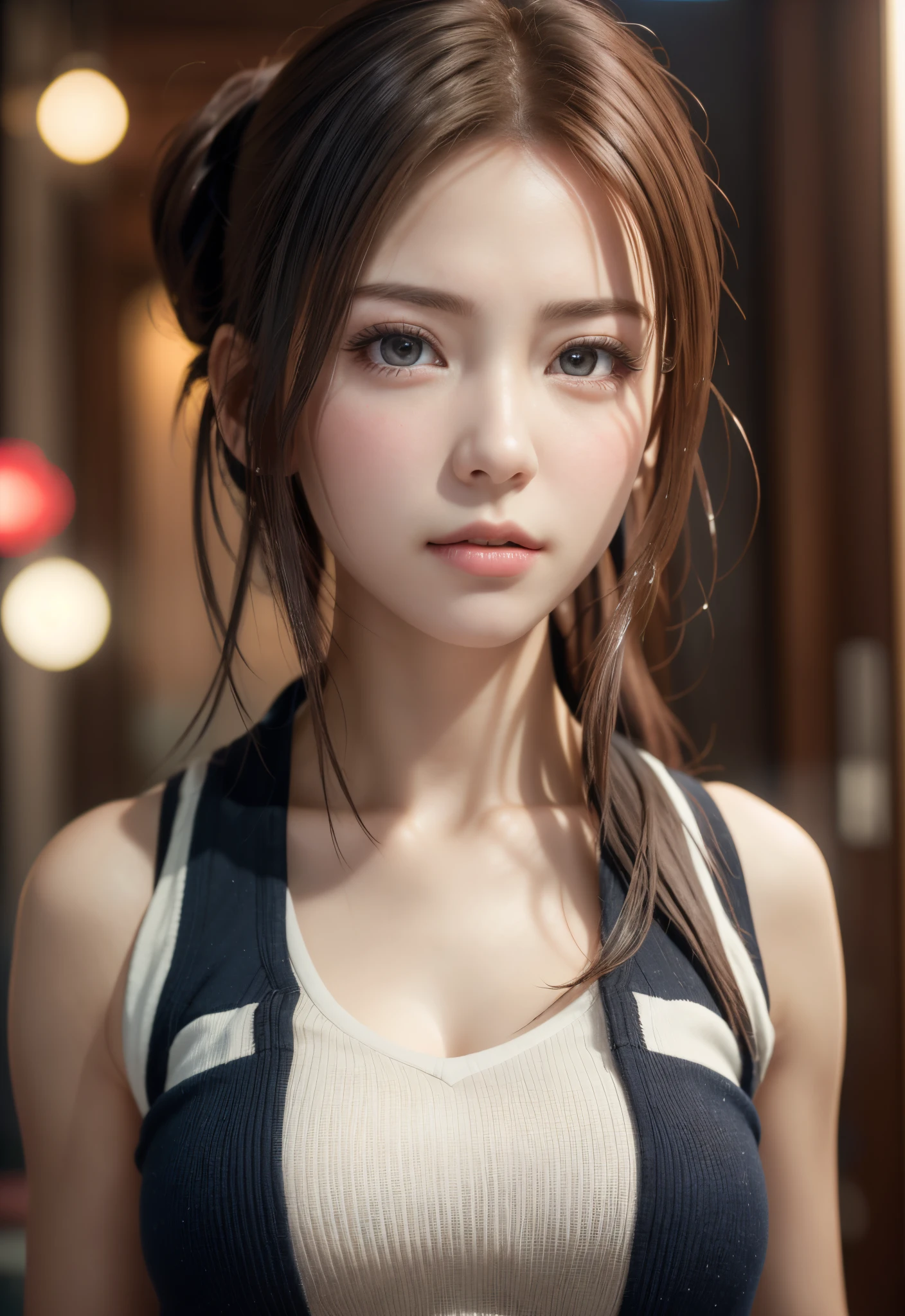 8K, of the highest quality, masutepiece:1.2), (Realistic, Photorealsitic:1.37), of the highest quality, masutepiece, Beautiful young woman, Embarrassed look, Hair tied back, Kamimei、Messy mood, Cinematic background, Tired, Light skin tone